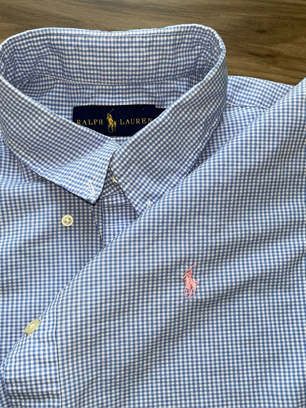 Ralph Lauren Shirt Mens L Blue Gingham Plaid Short Sleeve Pink Pony Work School